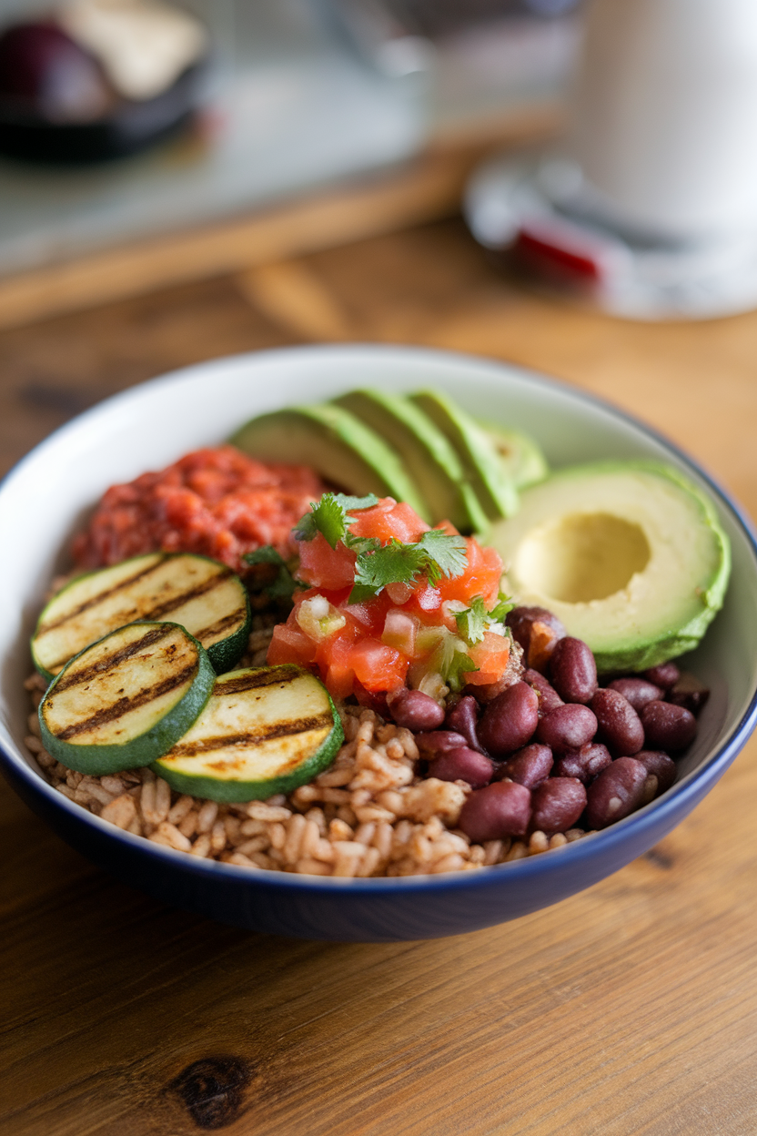 An indoor tabletop featuring a burrito bowl layered with brown rice, red kidney beans, grilled zucchini, salsa, and avocado slices. No text or logos; photo only.