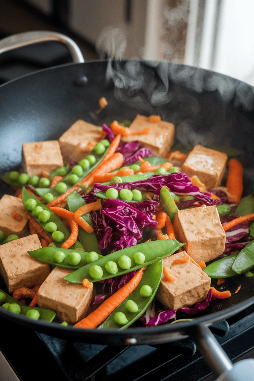 A vibrant indoor wok scene with tofu cubes and mixed vegetables—snap peas, red cabbage, carrots—glazed in a light sauce. Steam is visible rising. No text or logos. Photo, not illustration.