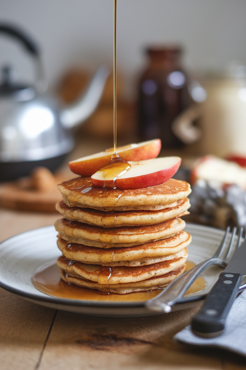 An indoor breakfast table stack of small cinnamon-speckled pancakes topped with warm apple slices, maple drizzled lightly. No text or logos present; photo only.