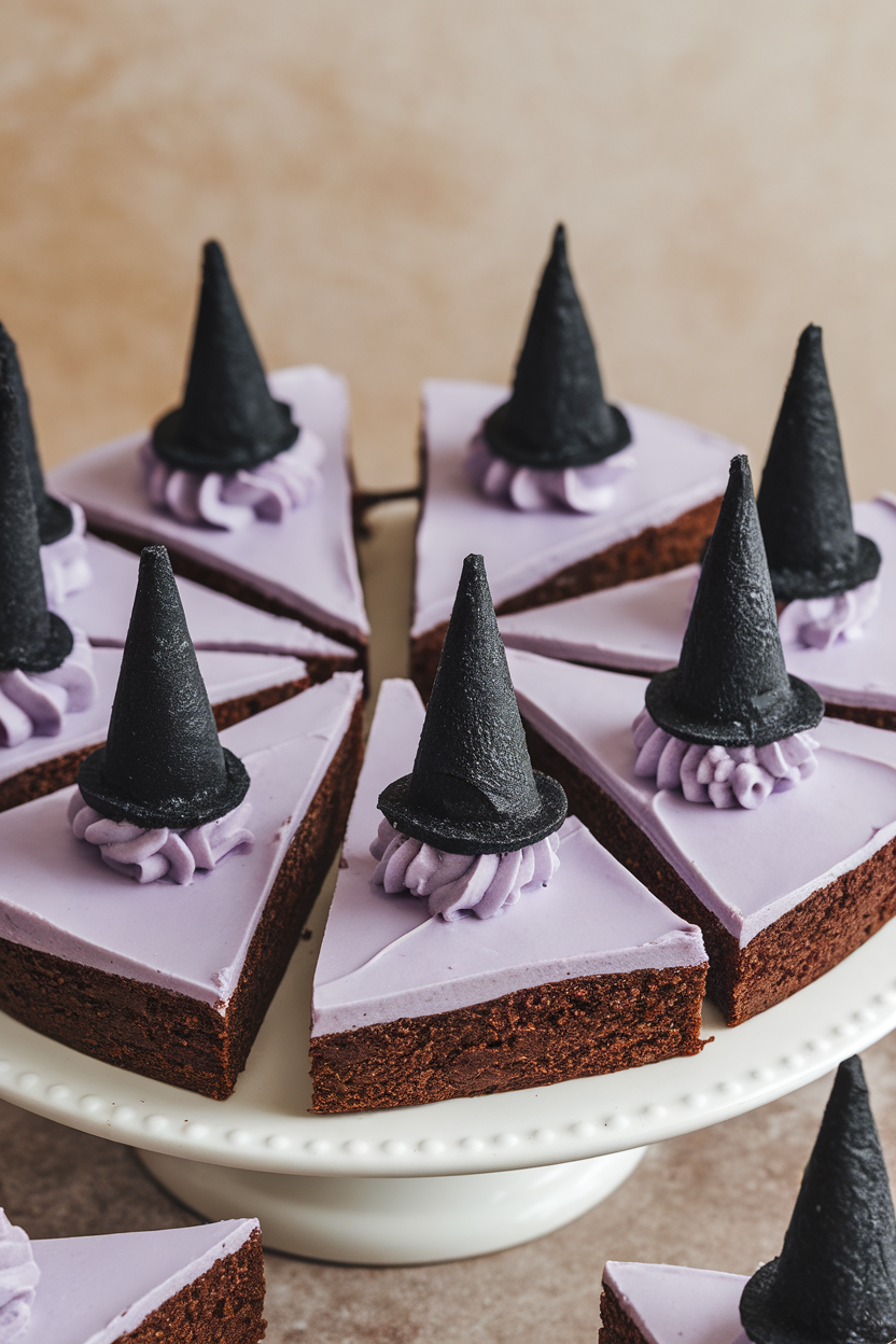 Indoor photo of triangular brownie pieces frosted with pale lavender icing and topped with black sugar cone “witch hats”; no text or logos