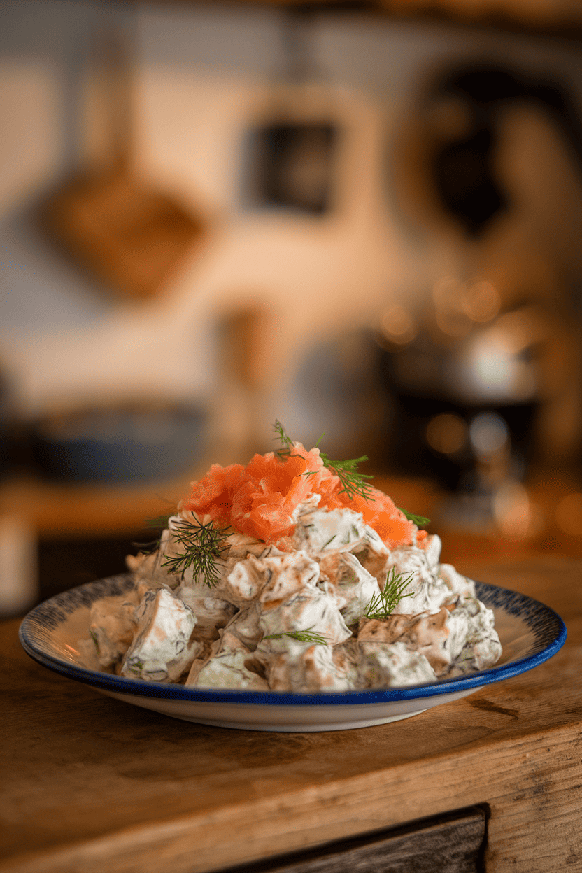A warmly lit indoor plate featuring a creamy dill potato salad dotted with pink salmon flakes—no text or branding. Photo only.