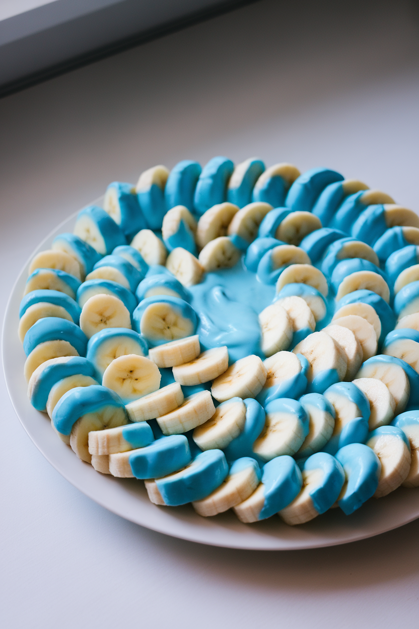 A white platter indoors showcasing banana slices dipped halfway in naturally colored blue yogurt, arranged in a swirling pattern. No text or logos.