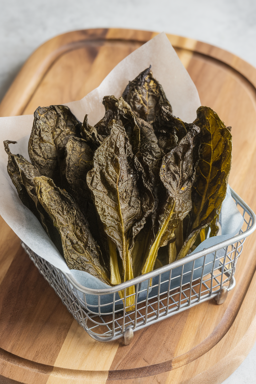 An indoor macro shot of crispy baked spinach leaves arranged on parchment inside a small metal basket. Even lighting, no logos or text.