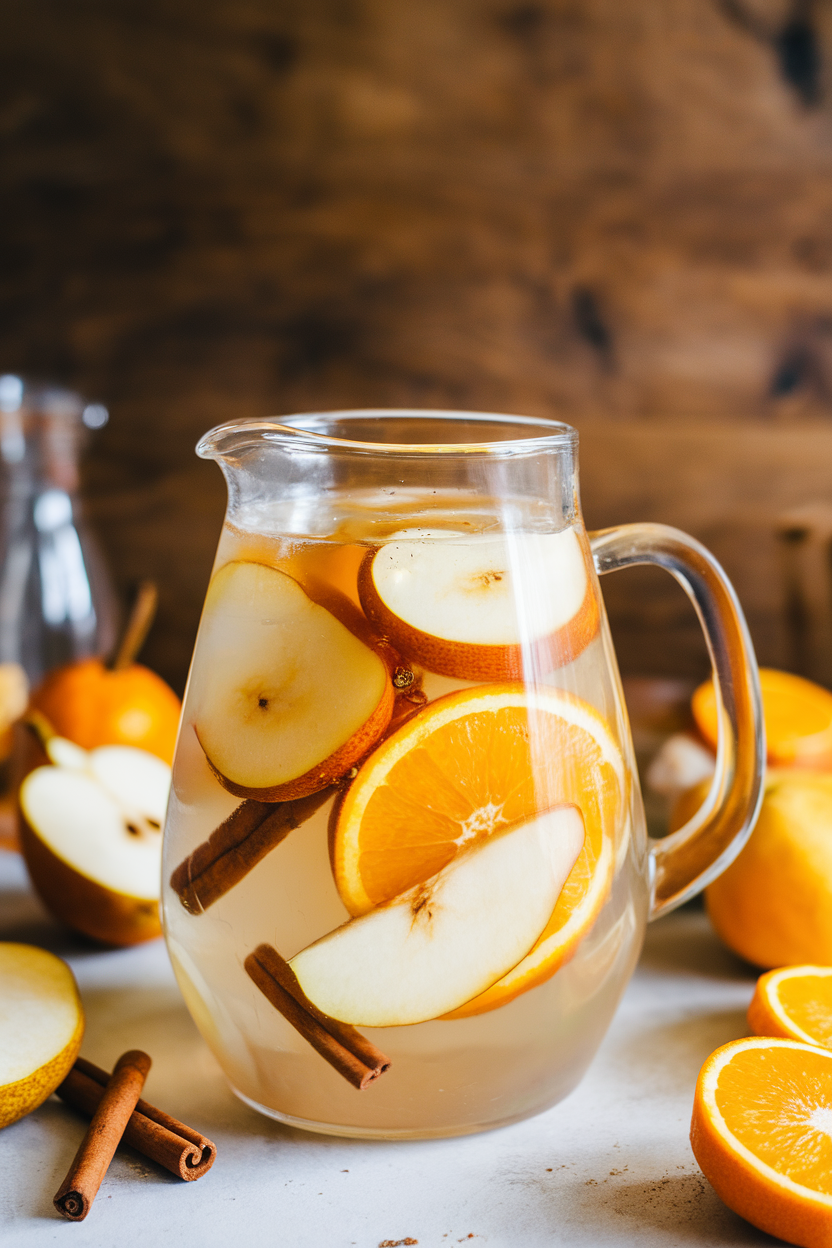 Photo of a clear pitcher indoors, filled with pumpkin spice white sangria, floating pear cubes, orange slices, and cinnamon sticks. No text or logos.