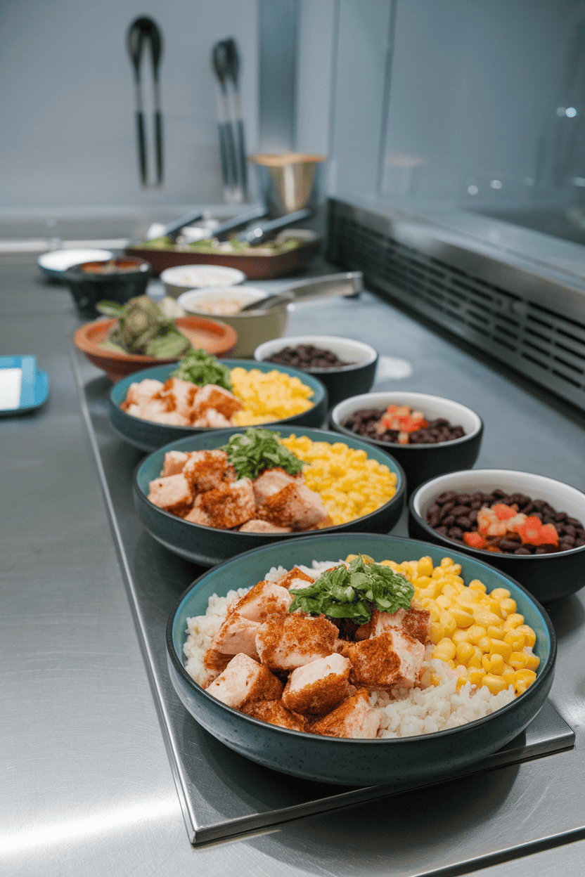 Indoor serving counter showing bowls filled with rice, blackened white fish chunks, corn, black beans, and pico de gallo. Photo only, no logos or text.