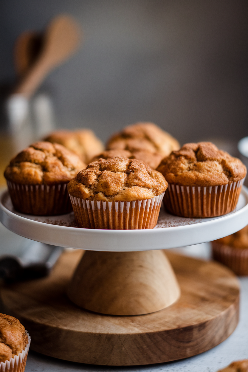 Photo of cinnamon-sugar coated apple cider muffins on an indoor cake stand, no logos or text.