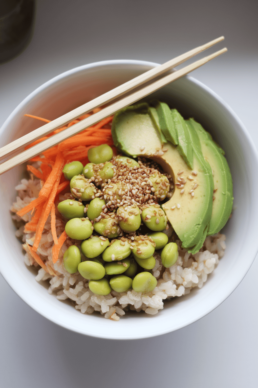 An indoor bowl showcasing brown rice topped with shelled edamame, sliced avocado, shredded carrot, and a drizzle of sesame seeds. Chopsticks lie across the rim. No text or logos present. Photo, not illustration.