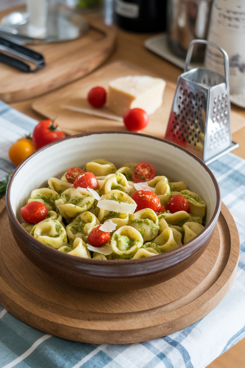 A ceramic bowl of cheese tortellini tossed in bright green pesto with cherry tomatoes and shaved Parmesan, placed on an indoor dining table. No text or logos.