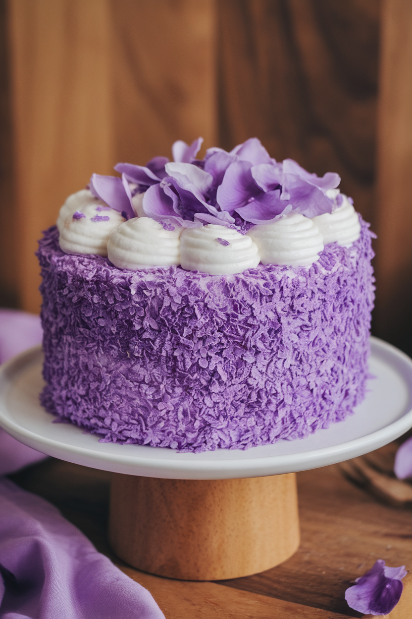An indoor cake stand with a vivid lavender-colored ube chiffon cake layered with white whipped frosting and topped with sugared violet petals. No text or logos. Photo only.