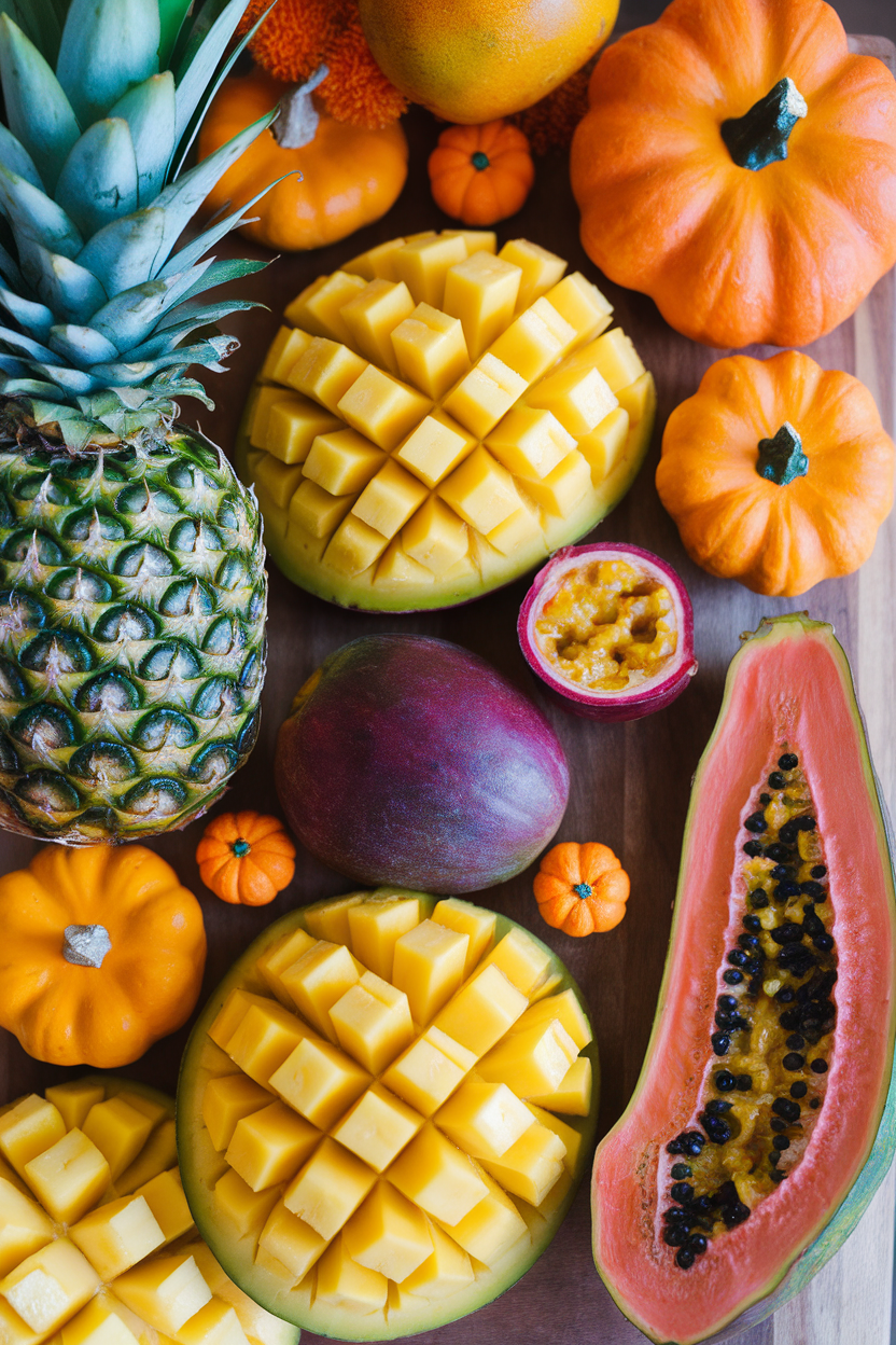 An indoor charcuterie board style layout of mango, pineapple, papaya, and passion fruit, tiny plastic pumpkins sprinkled around. No text or logos.