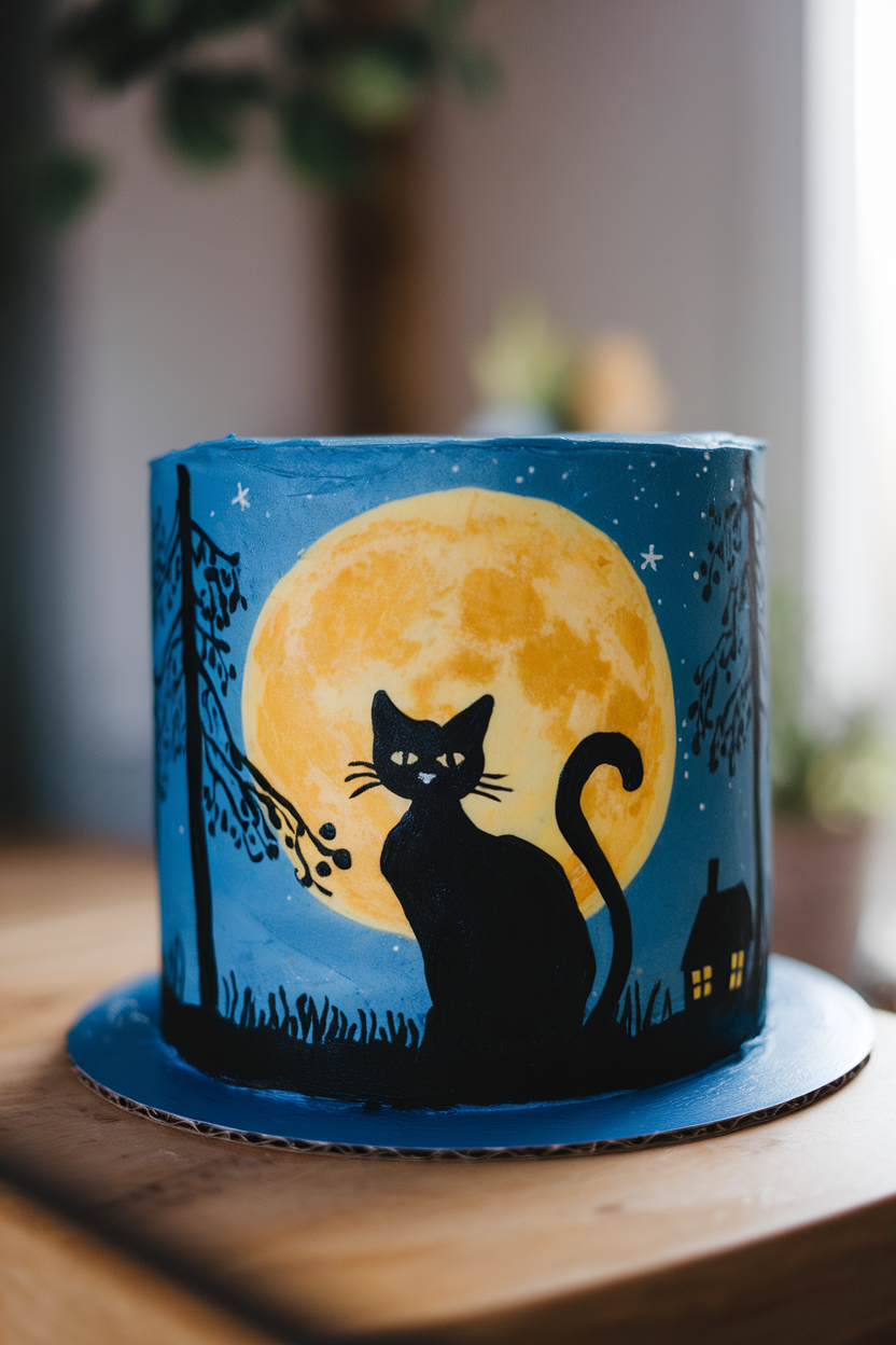 Indoor photo of a moonlit scene painted on buttercream with a black cat silhouette against a yellow fondant moon. No text or logos.