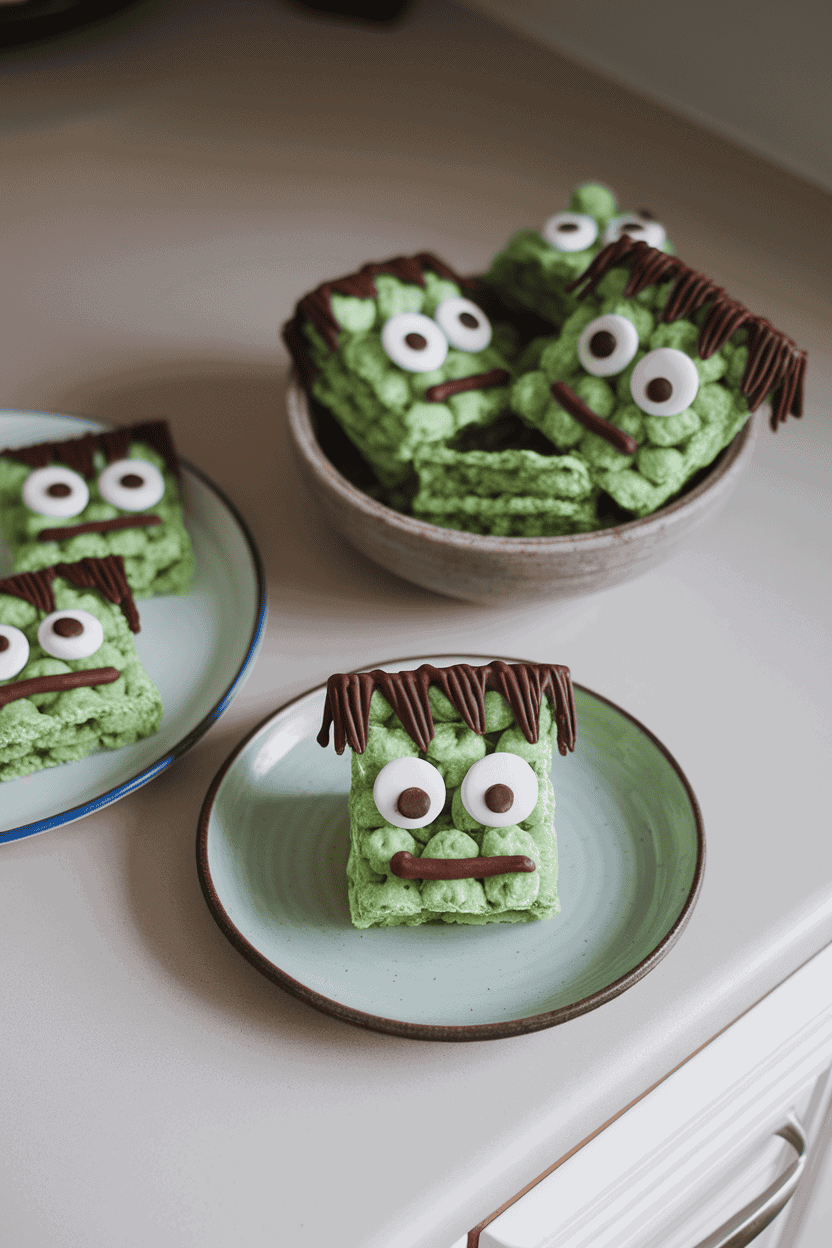 An indoor countertop scene with rectangular green cereal treats decorated with candy eyes and chocolate hair to resemble Frankenstein’s monster. Photo only, no text or logos.