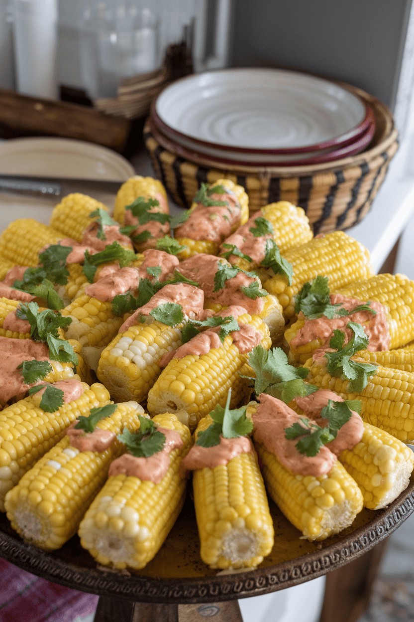 Photo of a platter of corn on the cob slathered with melted chili-lime butter, sprinkled with cilantro, shot indoors. No text or logos anywhere.