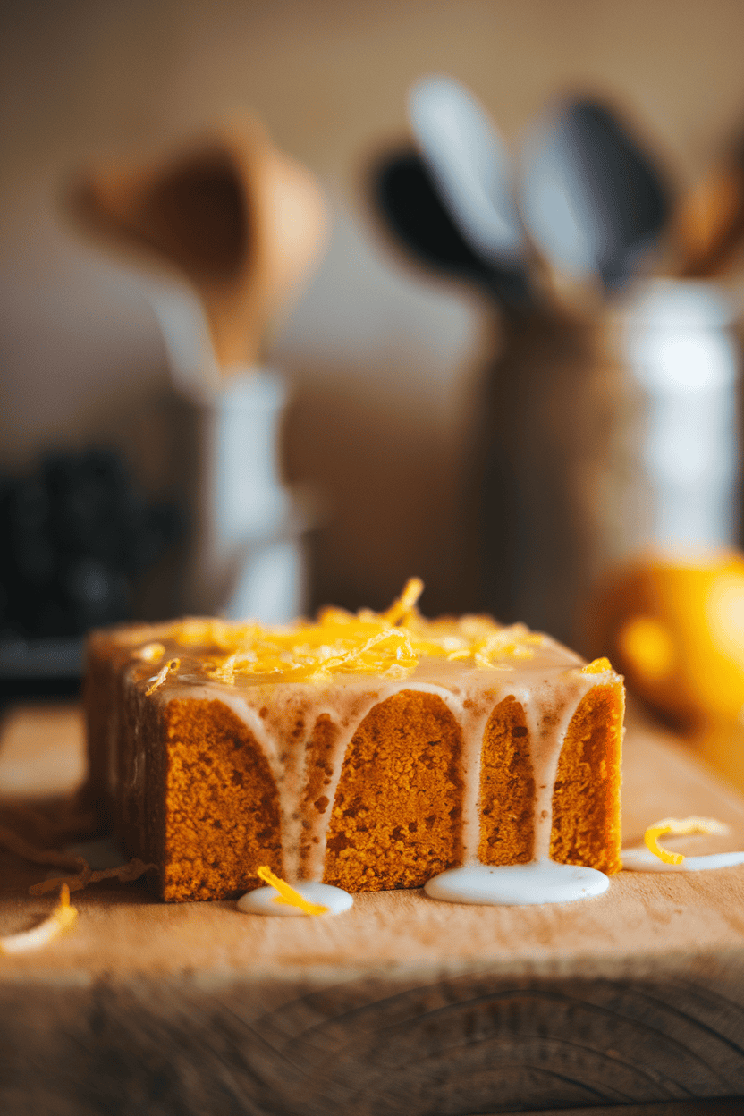 An indoor kitchen table showing a square of olive oil cake with a thin lemon glaze, some zest sprinkled on top. No text or logos. Photo.
