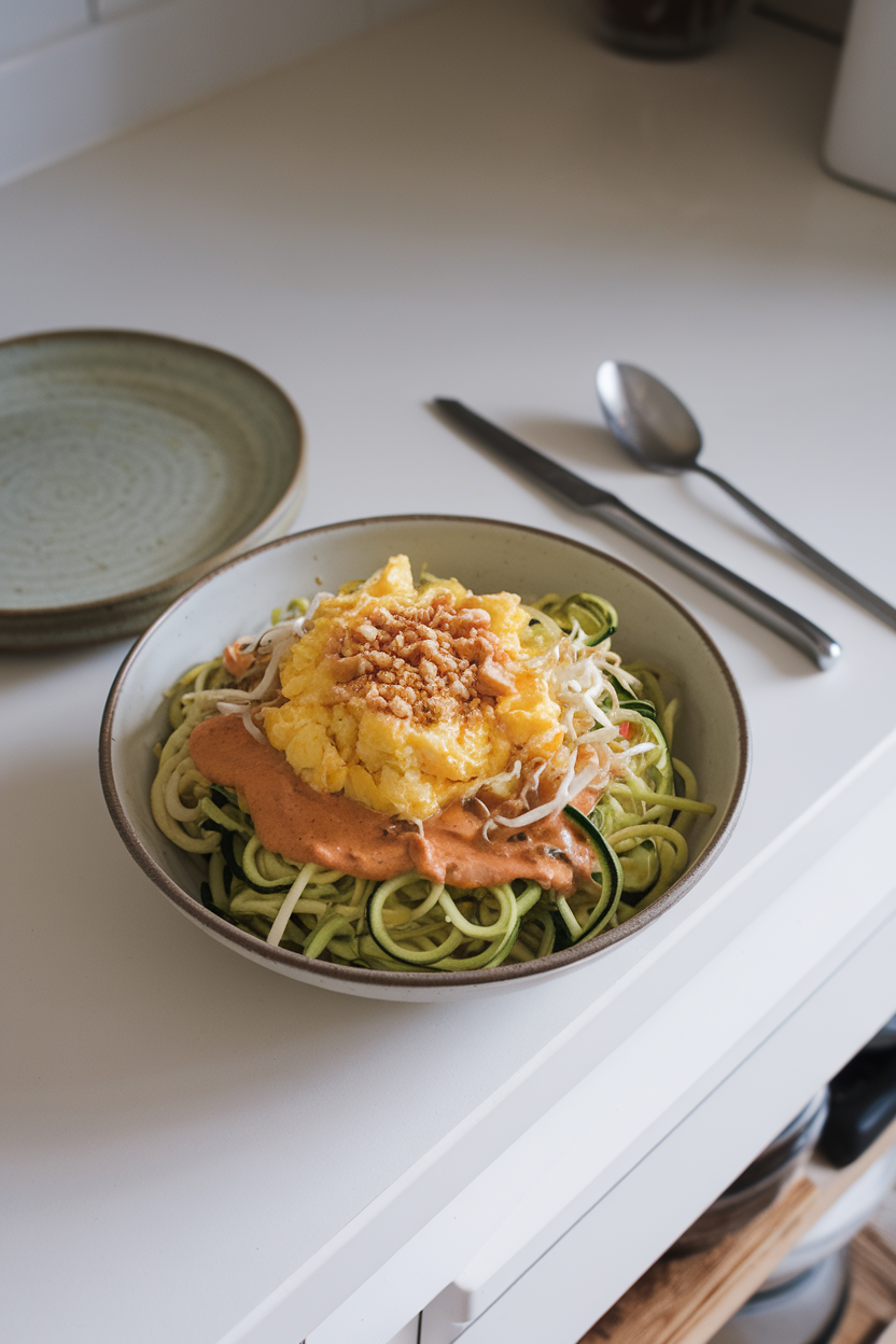 Indoor kitchen counter photo with a bowl of spiralized zucchini noodles tossed in light peanut sauce, topped with scrambled egg, bean sprouts, and crushed peanuts. No text or logos.