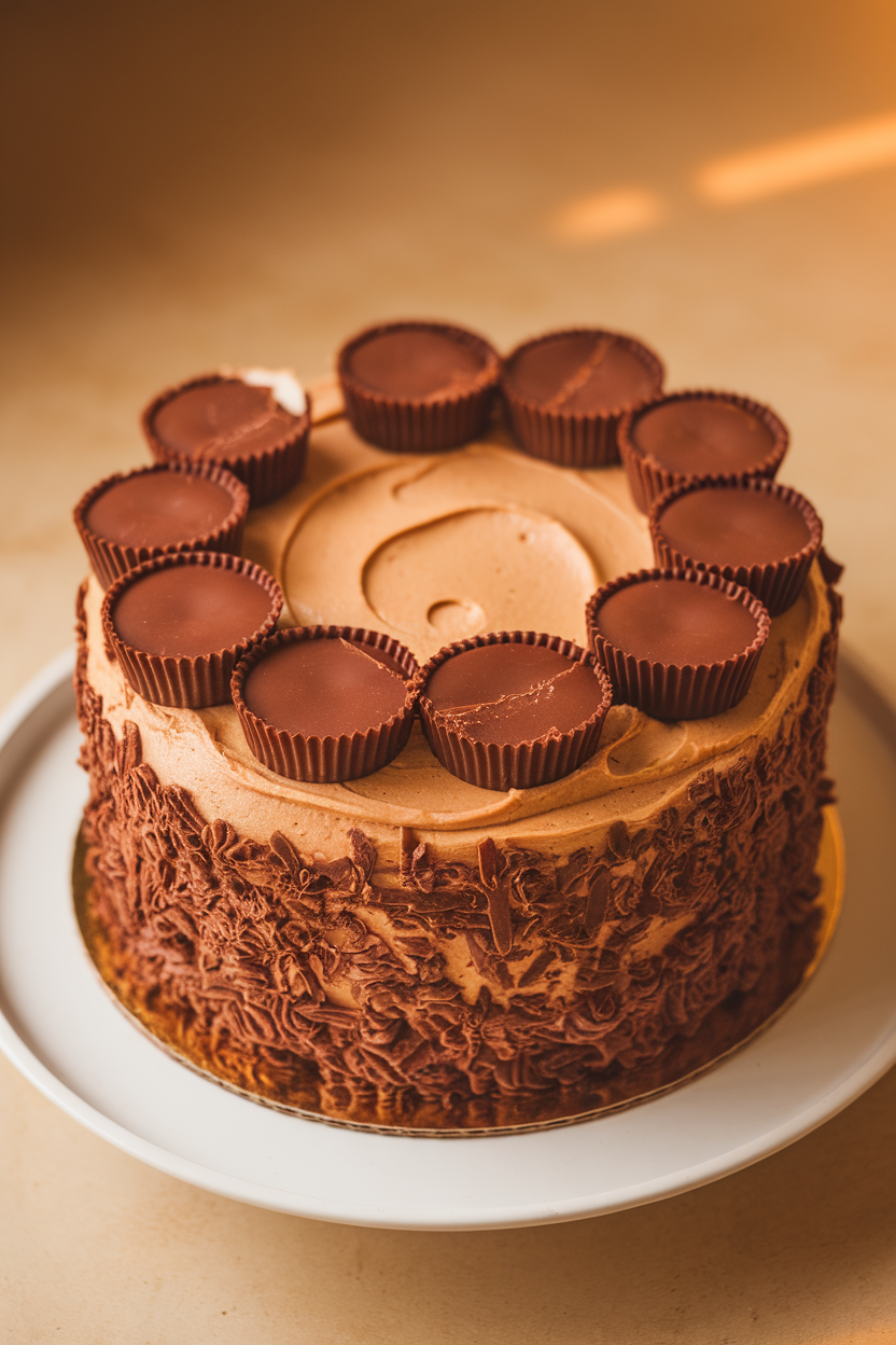 A chocolate cake indoors topped with a thick peanut-butter frosting, decorated with halved peanut-butter cups forming a circle. Warm lighting, no text or logos. Photo only.
