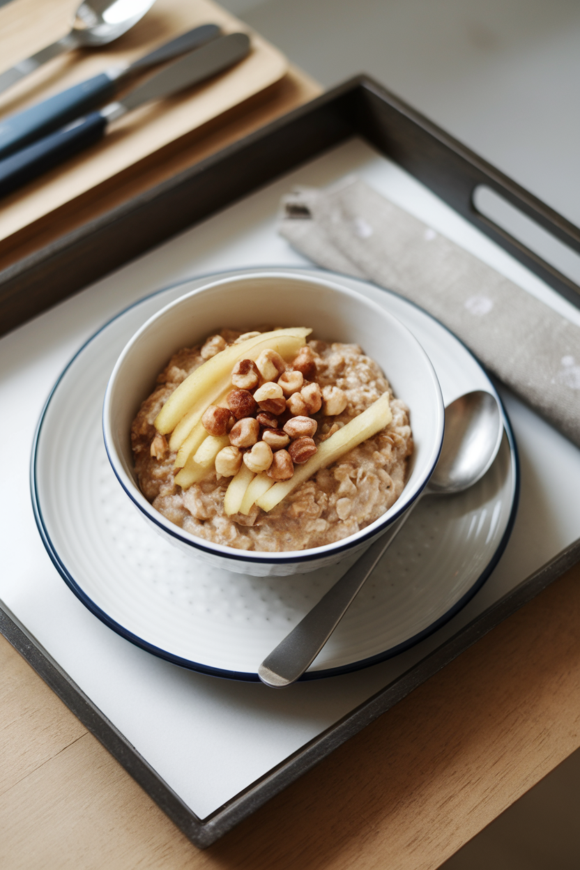 Indoor breakfast tray featuring a bowl of soaked oats mixed with grated pear and topped with hazelnuts. No text or logos present.