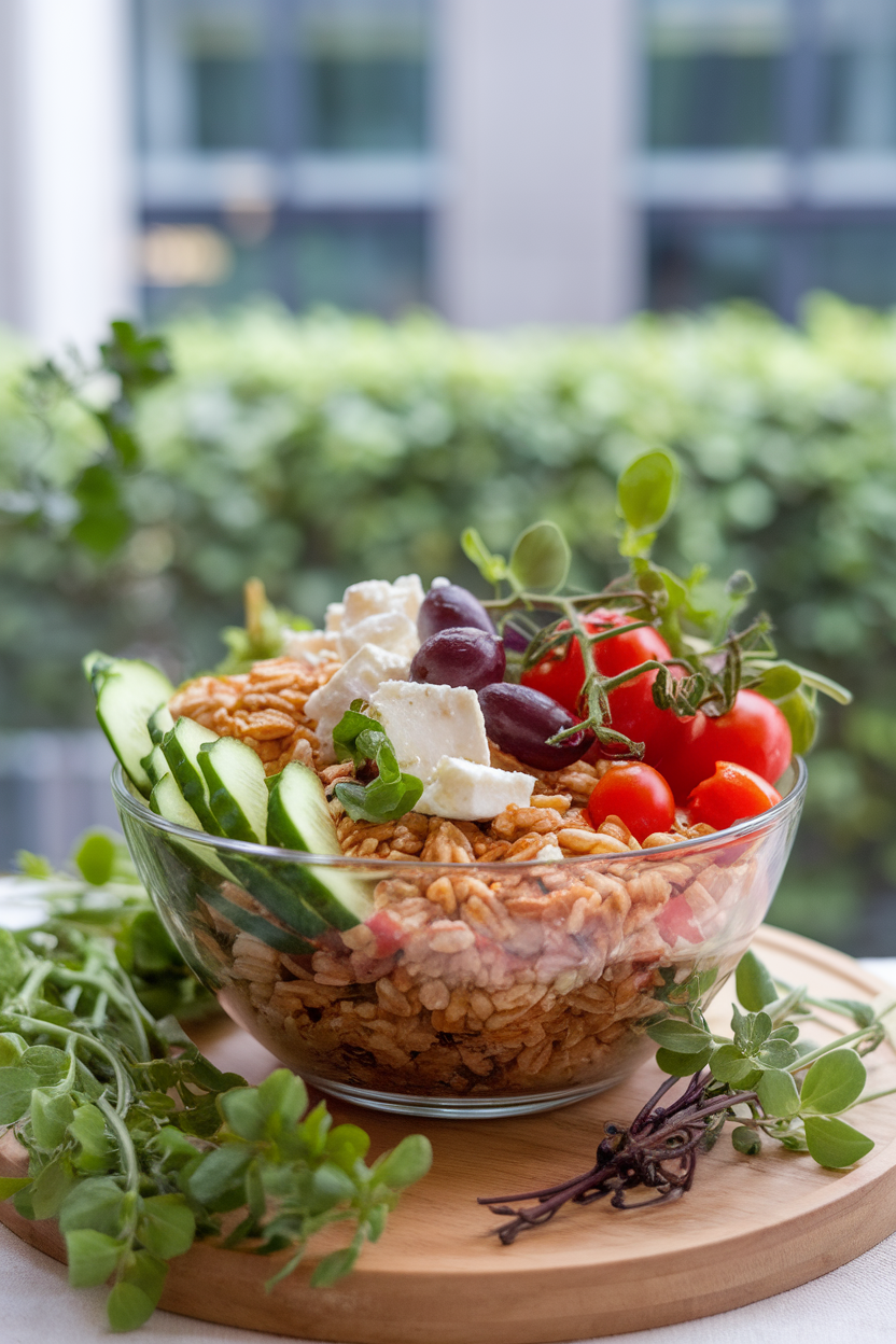 An indoor salad bowl featuring farro tossed with cherry tomatoes, cucumbers, olives, feta, and herbs. No text or logos; photo only.