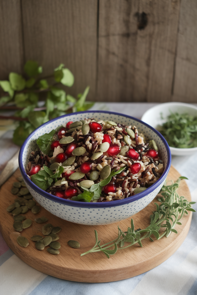 Photo of an indoor salad bowl filled with wild rice, pomegranate arils, herbs, and pumpkin seeds; no text or logos
