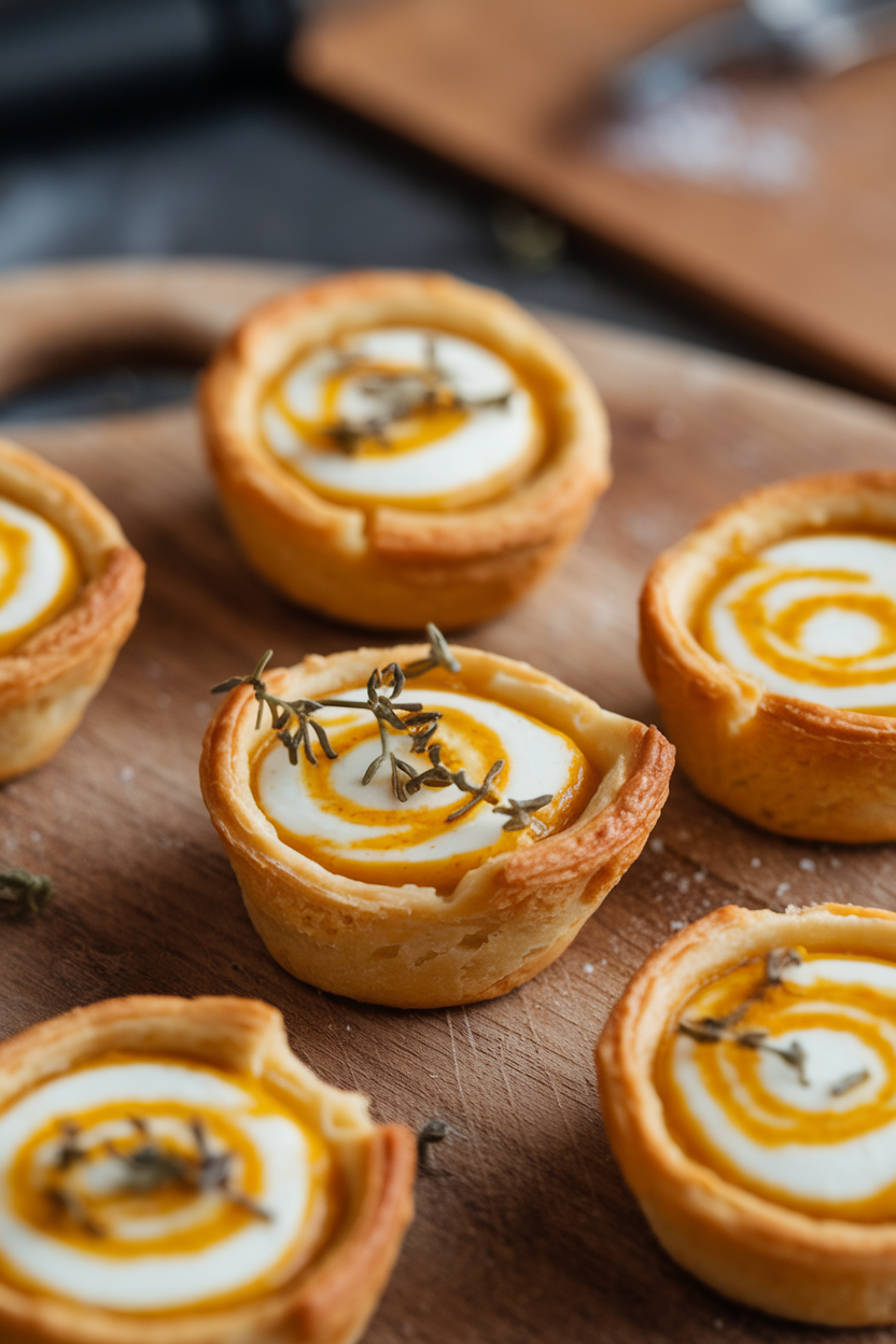 Photo of mini pastry cups filled with melted brie and pumpkin butter swirl, indoor close-up. No text or logos.