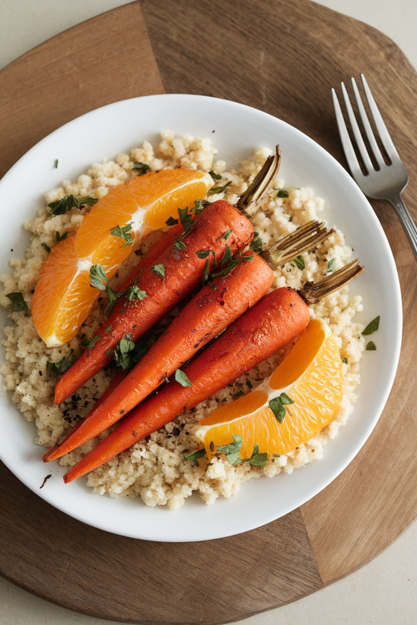 Indoor image of roasted cumin carrots on couscous with orange segments and parsley. No text or logos.