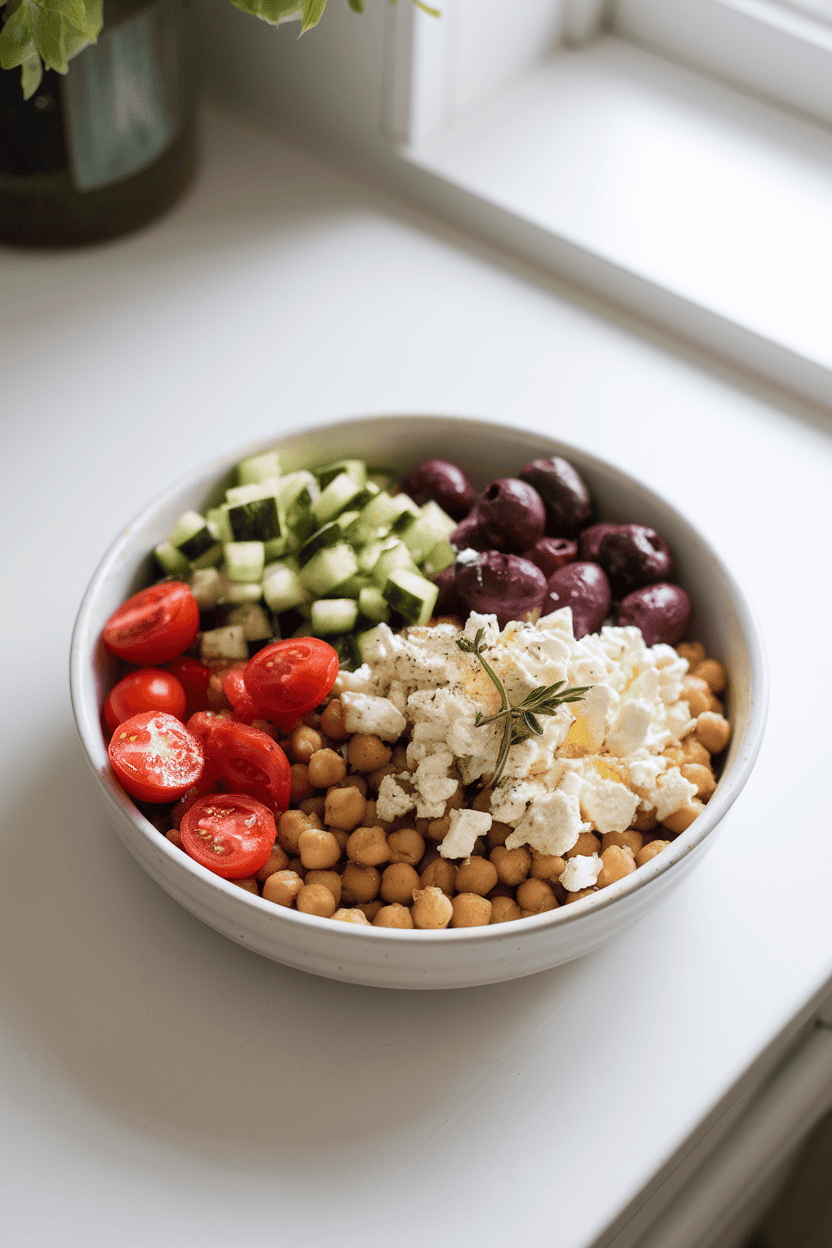 A brightly lit indoor kitchen counter with a white ceramic bowl filled with cooked chickpeas, diced cucumber, cherry tomato halves, Kalamata olives, and crumbled feta, all glistening with olive oil and oregano. Shot from a slight overhead angle, no text or logos anywhere in the scene. Photo, not illustration.