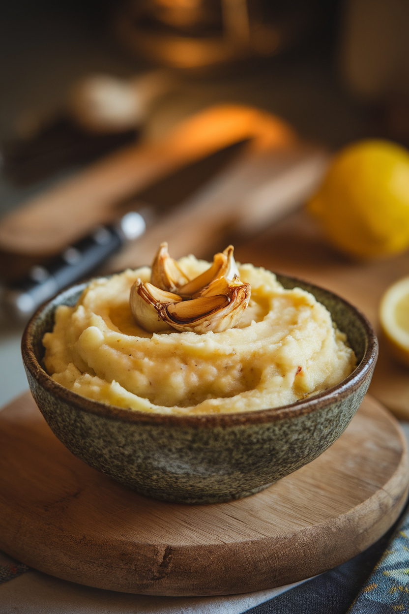 A rustic bowl of creamy mashed turnips dotted with roasted garlic cloves; captured indoors under warm light, no text or logos. Photo only.