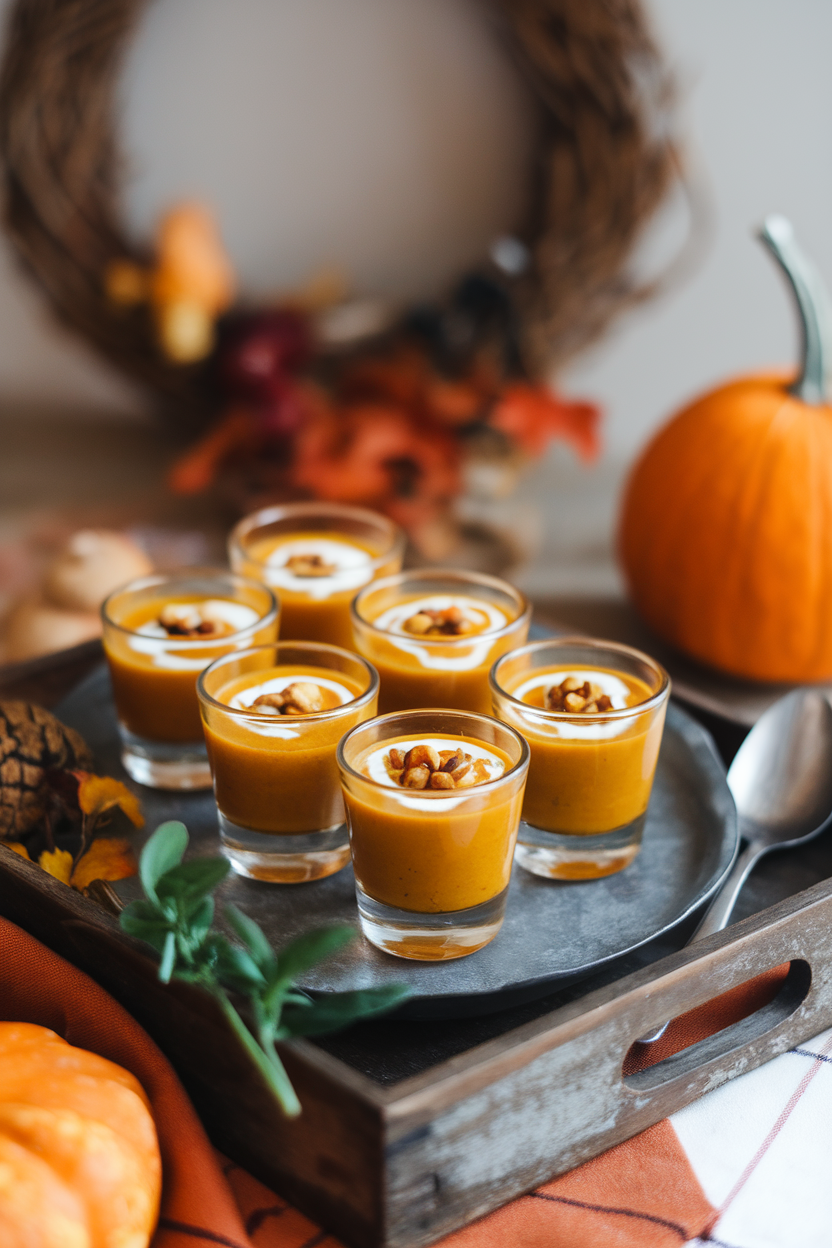 Indoor fall table showing a board with small glass shot glasses filled with creamy pumpkin soup, topped with a swirl of cream and roasted pepitas. No text or logos. Photo only.
