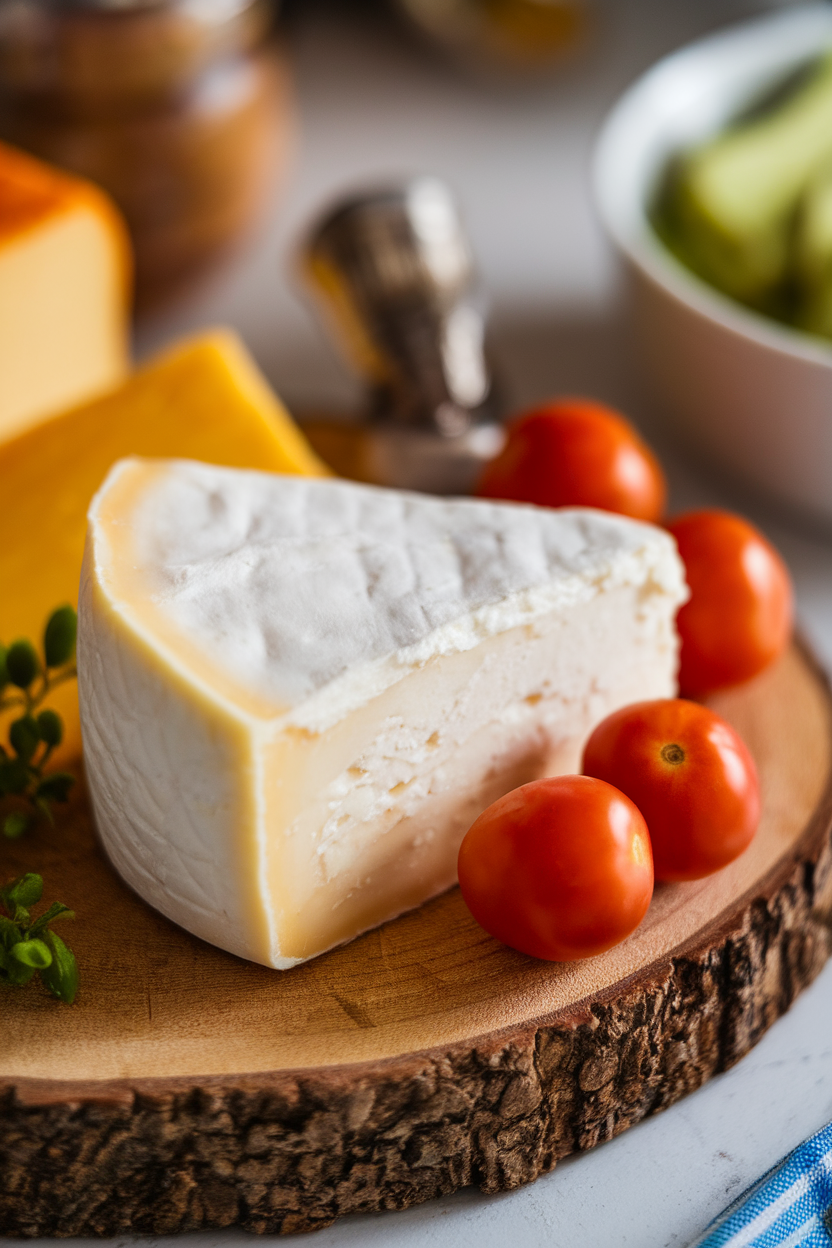 Indoor photo of a small wedge of part-skim mozzarella on a cheese board with a few grape tomatoes; no text or logos