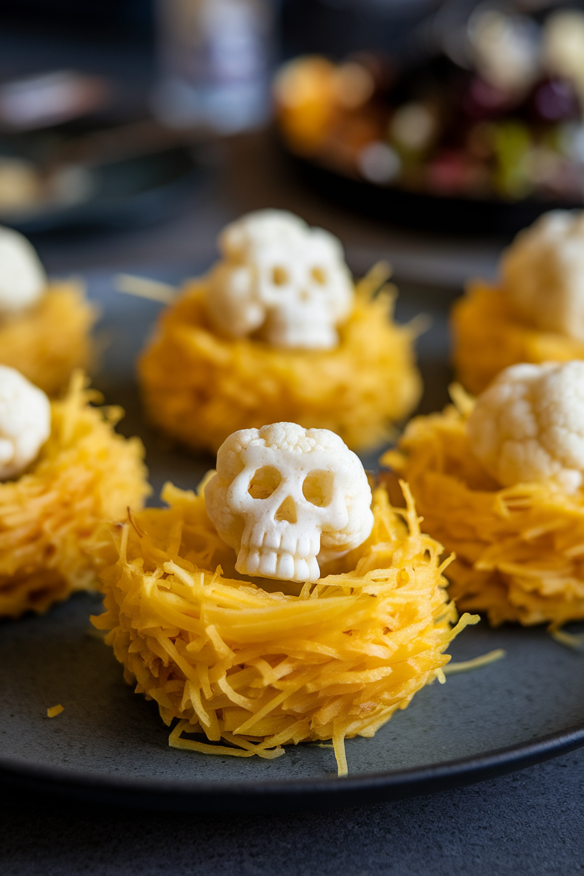 Indoor photo of small piles of roasted spaghetti squash strands shaped like nests, each holding a single white cauliflower floret carved into a skull, on a dark plate. No text or logos.