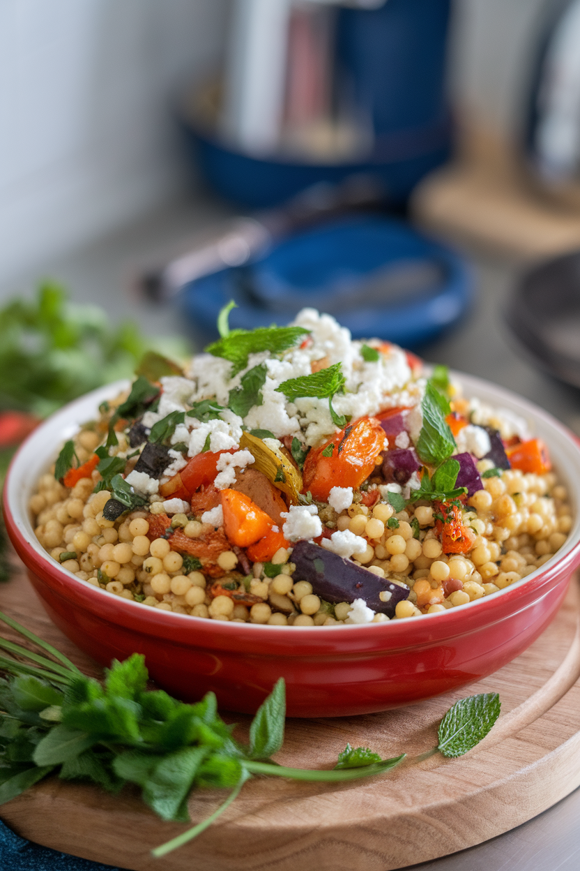 Photo of a colorful indoor serving dish filled with pearl couscous, roasted vegetables, herbs, and crumbled feta; no text or logos.