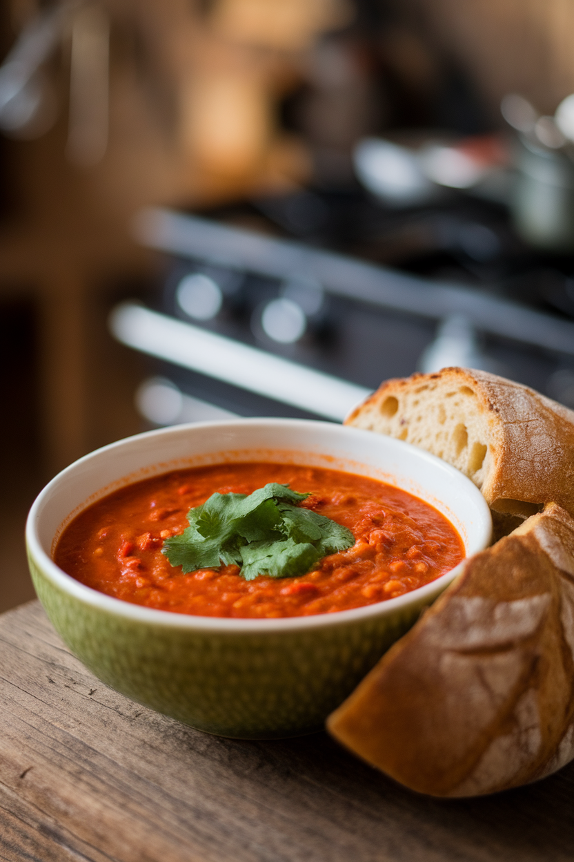 Photo, indoor soup bowl with red lentil tomato soup garnished with cilantro; no text or logos.