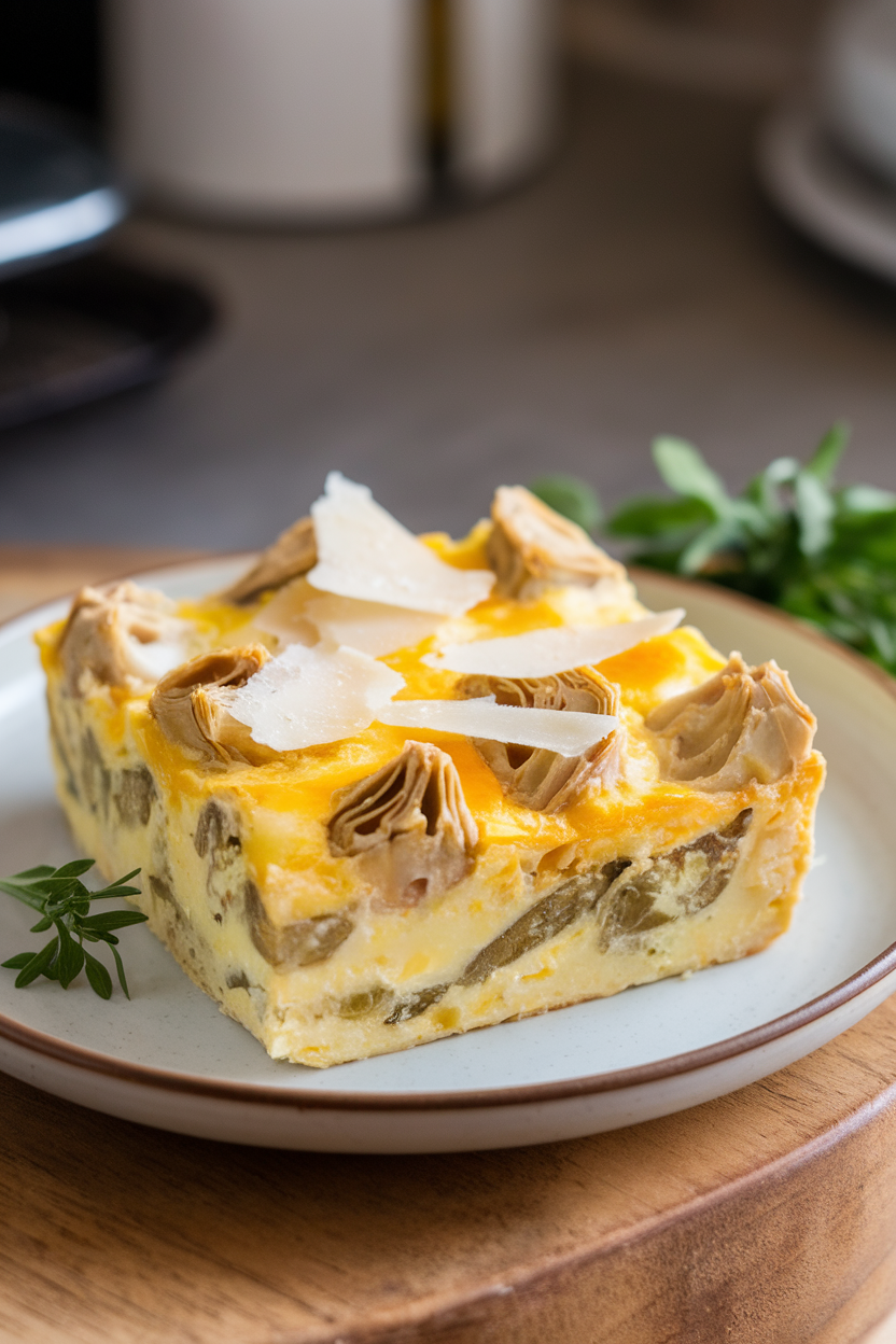 Photo of a square of egg casserole with artichoke hearts and Parmesan shavings, shot indoors on a white plate. No text or logos visible.