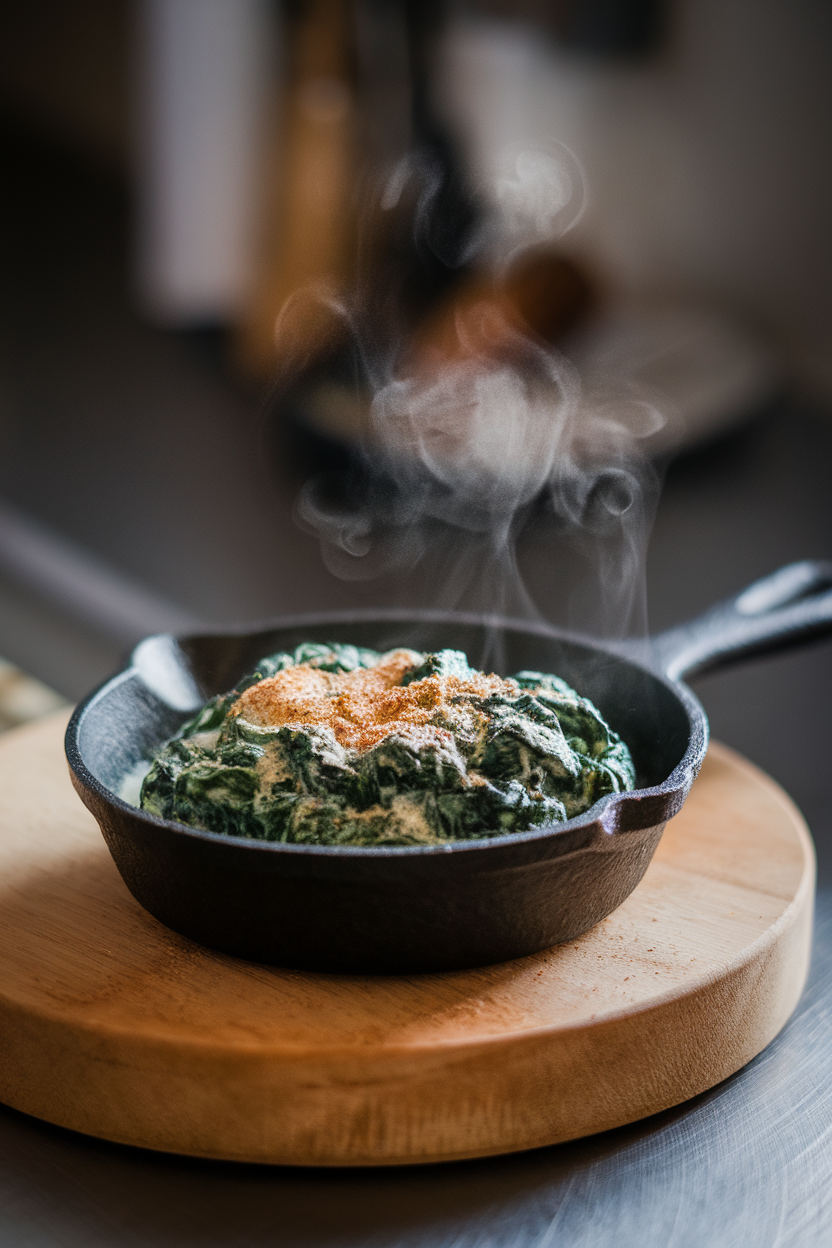 A small cast-iron skillet filled with creamy spinach, topped with a dusting of nutmeg; steam rising under soft indoor lighting, no text or logos. Photo only.