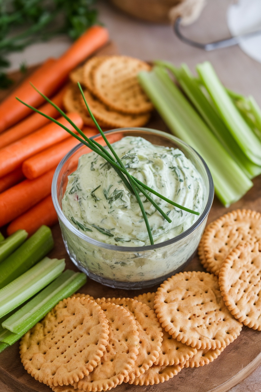 An indoor snack spread with a clear glass bowl of vivid herb-packed green goddess dip, garnished with fresh chives. Photo, no text or logos.