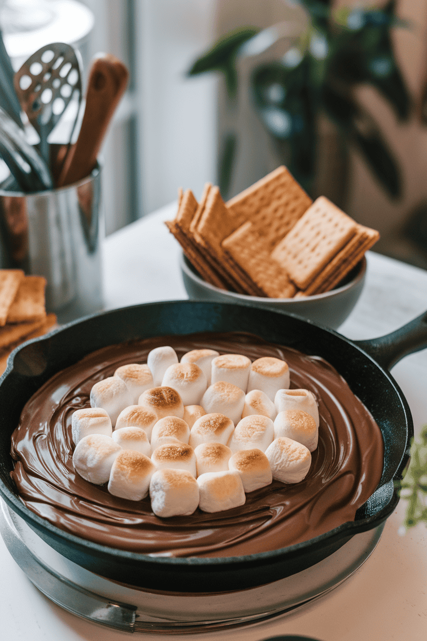 Photo of a skillet filled with melted chocolate topped by toasted marshmallows, served with graham crackers on an indoor table. No visible text or branding.