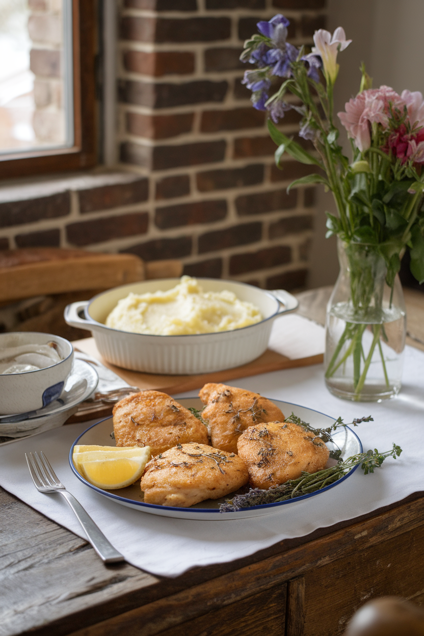 Indoor rustic table featuring fried chicken breasts flecked with lavender and thyme from herbes de Provence, lemon wedge on side, photo only, no text or logos