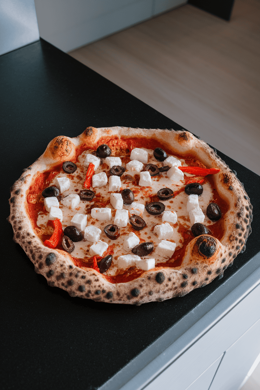 Indoor countertop with a dark-crust pizza featuring feta, kalamata olives, and roasted red peppers against a black sauce backdrop. No text or logos.