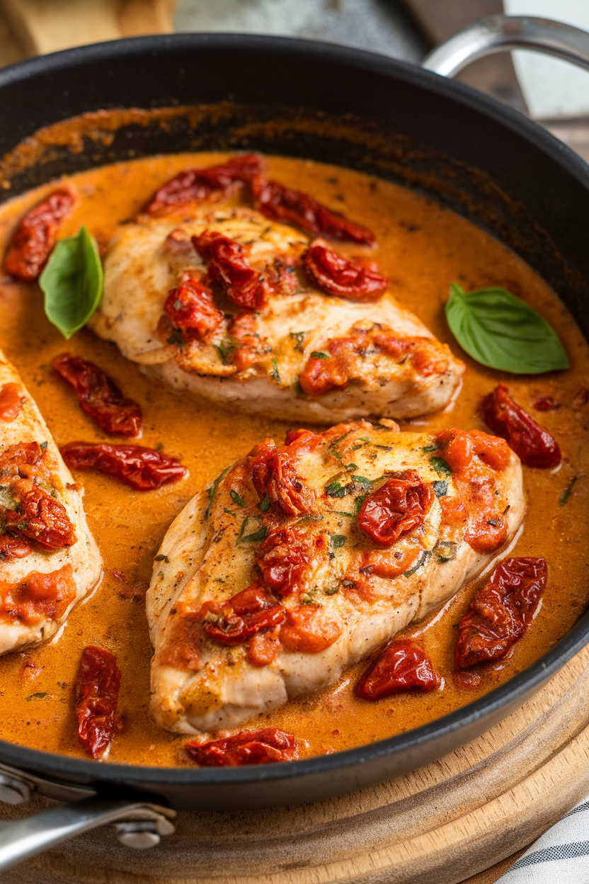 Indoor skillet with chicken breasts in a creamy sun-dried tomato sauce, basil garnish, no logos. Photo.