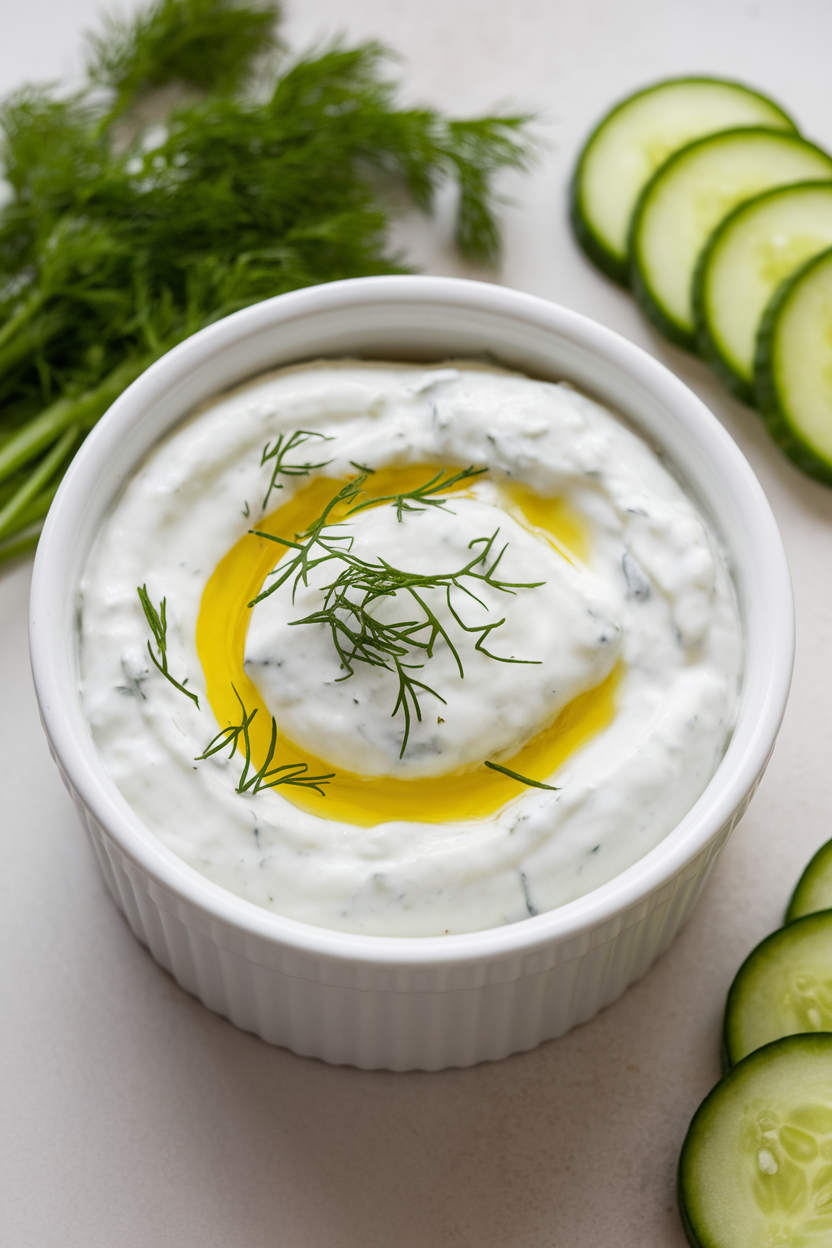 An indoor ramekin of creamy tzatziki topped with a drizzle of olive oil and a sprinkle of chopped dill, cucumber slices arranged nearby. No logos or text.