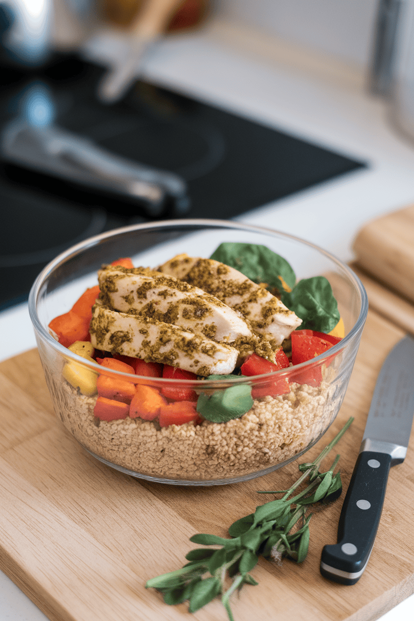 Indoor countertop displaying a glass bowl with pesto-coated chicken strips, roasted vegetables, and a bed of freekeh. No logos or text present.