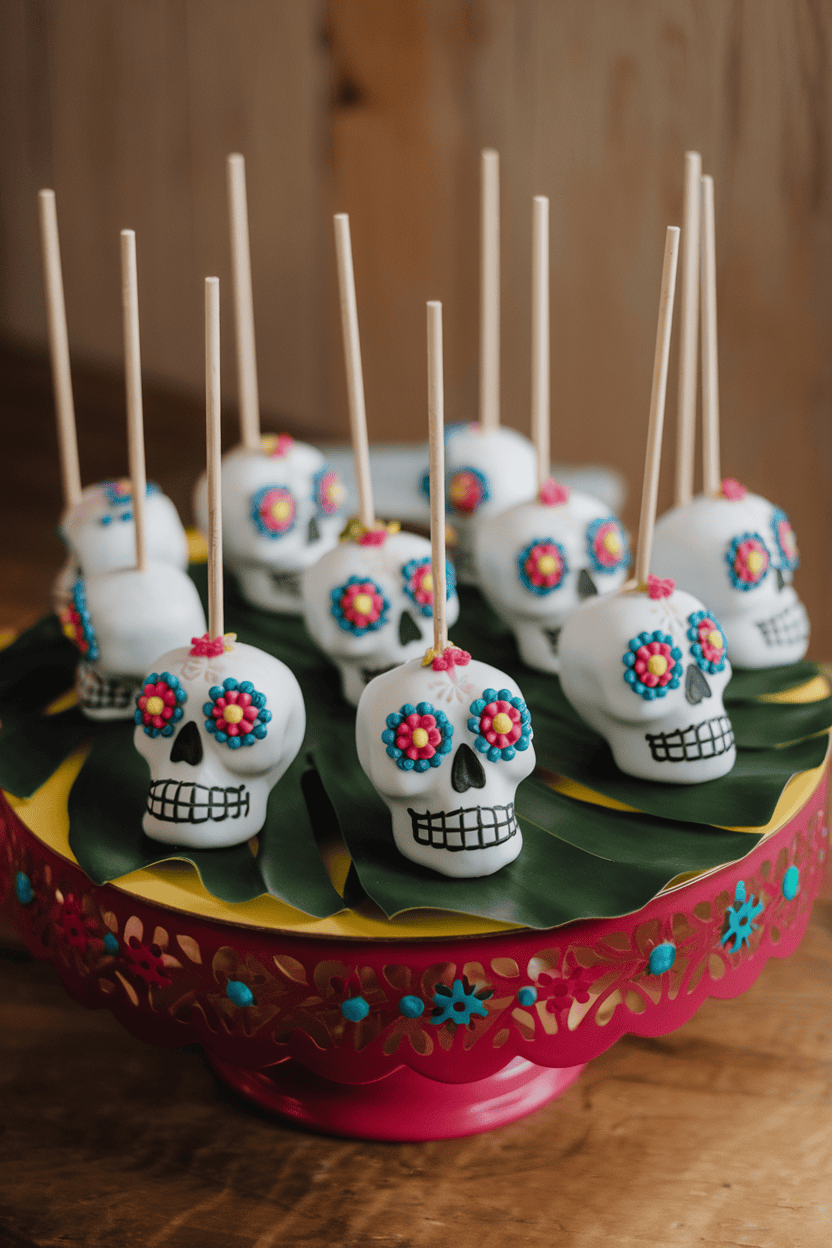White skull-shaped cake pops with colorful dotted floral patterns, arranged indoors on a fiesta-style platter; no logos or text. Photo.