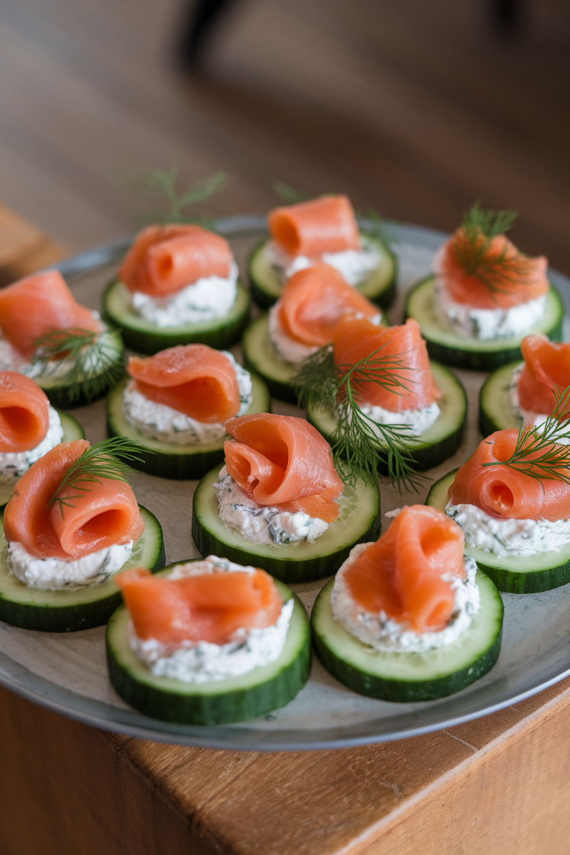 Indoor platter of cucumber rounds topped with herbed cream cheese and curls of cooked smoked salmon, dill sprigs on each. No text or logos present. Photo only.