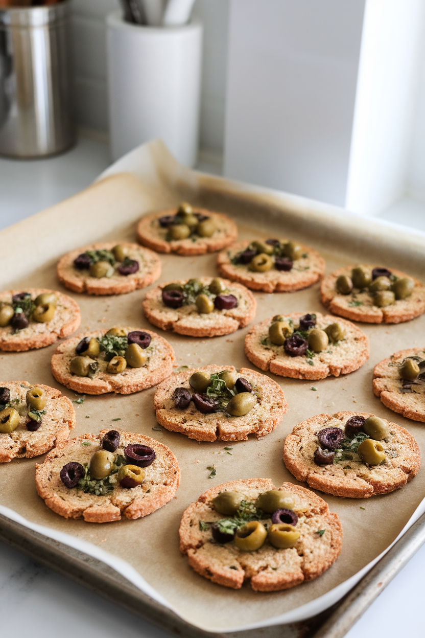 An indoor baking sheet lined with rustic whole-wheat crackers flecked with chopped olives and herbs, cooling on parchment. No logos or text.