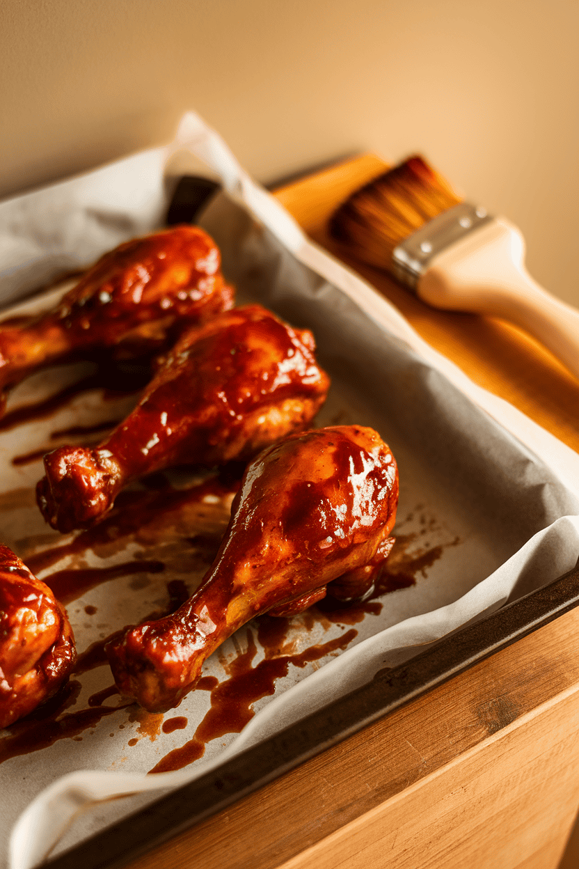 Indoor photo of glazed barbecue chicken drumsticks on a parchment-lined baking sheet, a basting brush alongside, under warm lighting. No text or logos on utensils or backdrop.