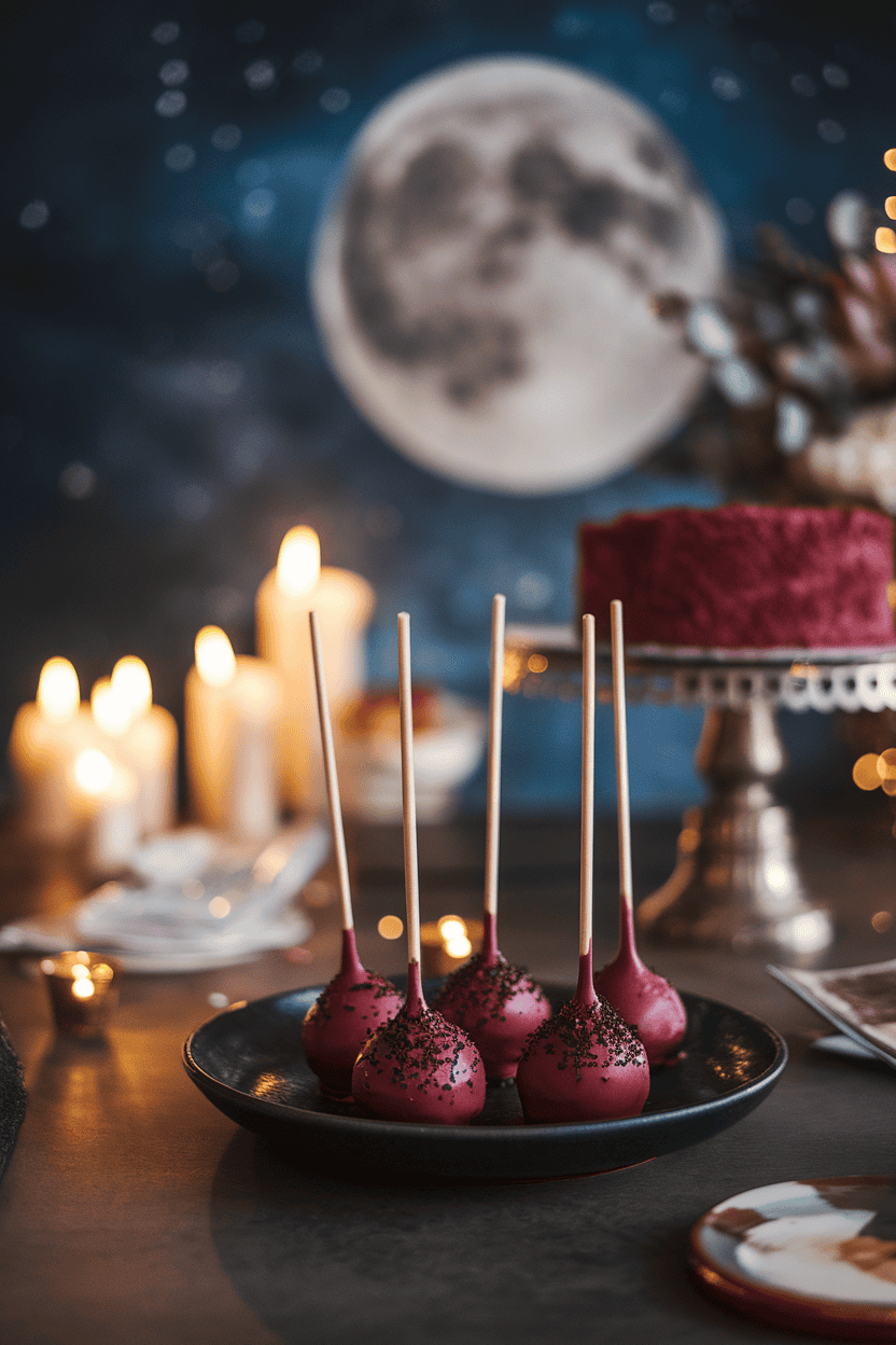 Deep crimson cake pops with subtle black speckling, lightly glazed for shine, indoor moonlit styling; no text or logos. Photo.