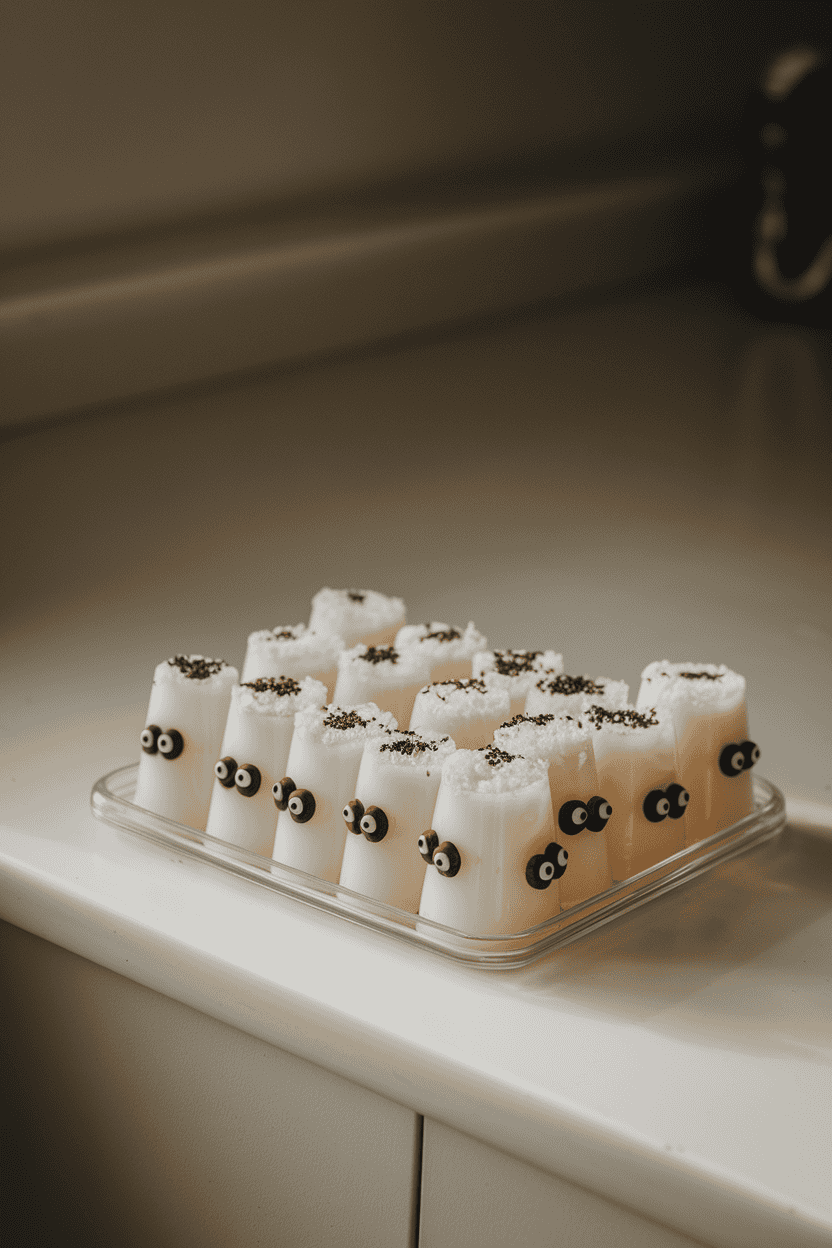 A softly lit indoor counter displaying milky white coconut jello shots with tiny dark chocolate chip “eyes,” no brand marks visible