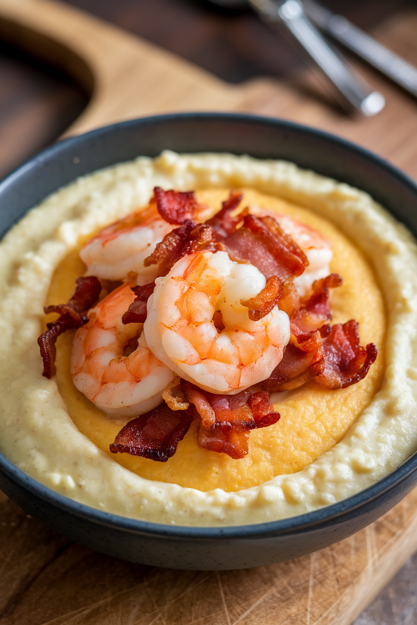 Indoor photo of a bowl with creamy cheese grits topped by sautéed shrimp and bacon pieces, no text or logos. Photo only.