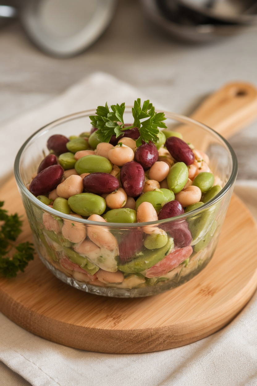 Indoor glass bowl containing colorful three-bean salad of green beans, kidney beans, and garbanzos in light vinaigrette. Photo, no text or logos.