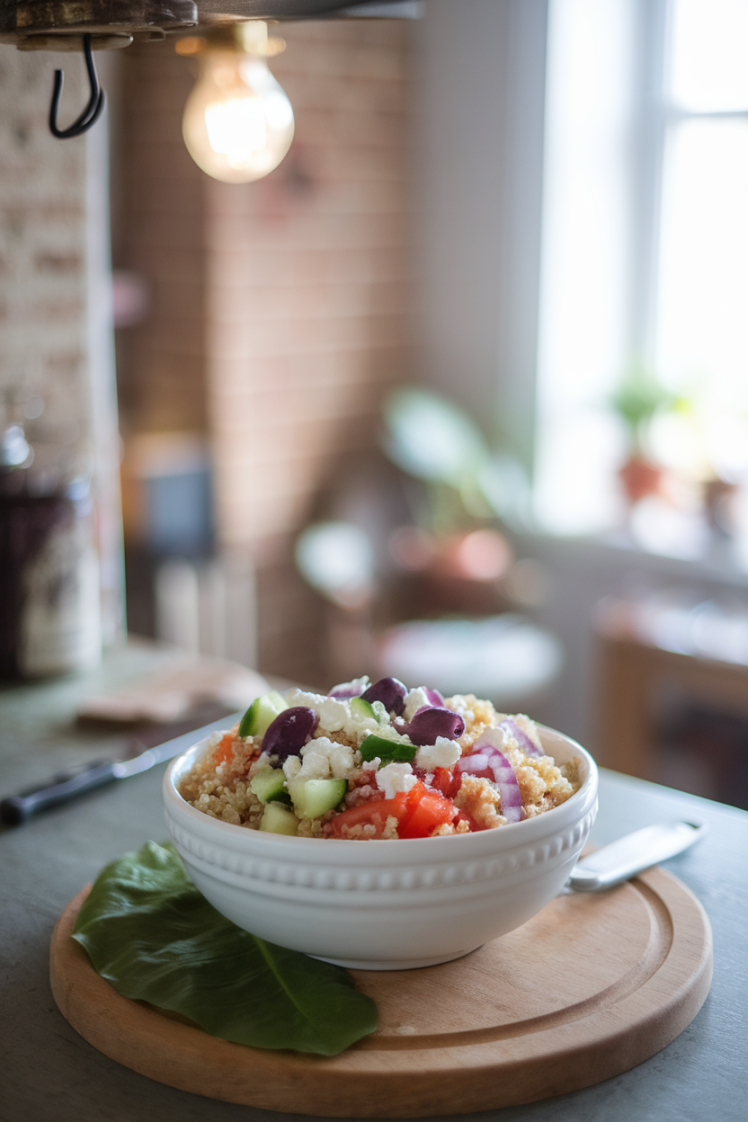 An indoor kitchen counter with a white ceramic bowl filled with quinoa tossed with diced cucumber, tomato, Kalamata olives, red onion, and crumbled feta; soft natural light from a nearby window; no text or logos visible.